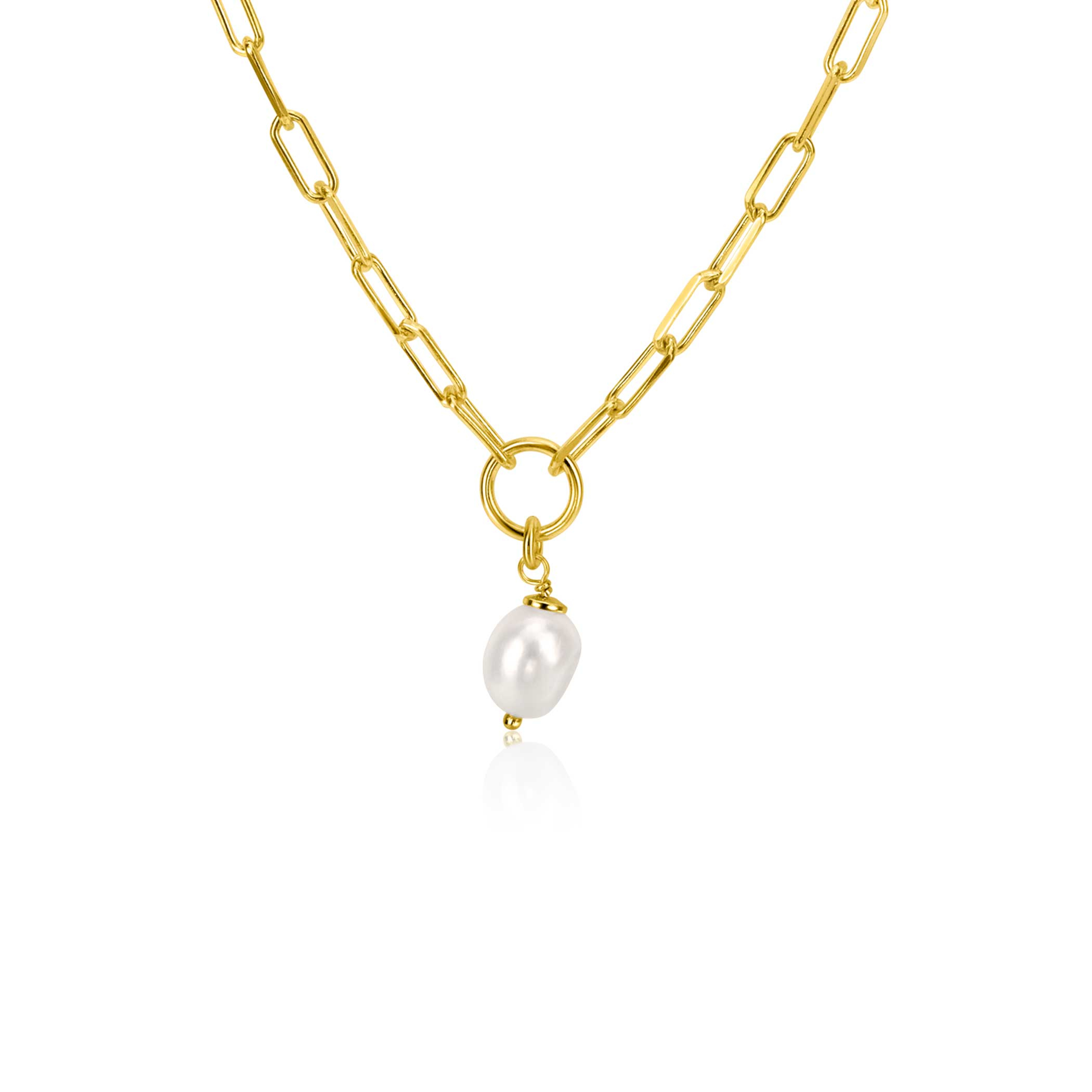 ZINZI gold plated zilveren paperclip schakel ketting met open rondje en witte zoetwaterparel 42-45cm ZIC-BF100