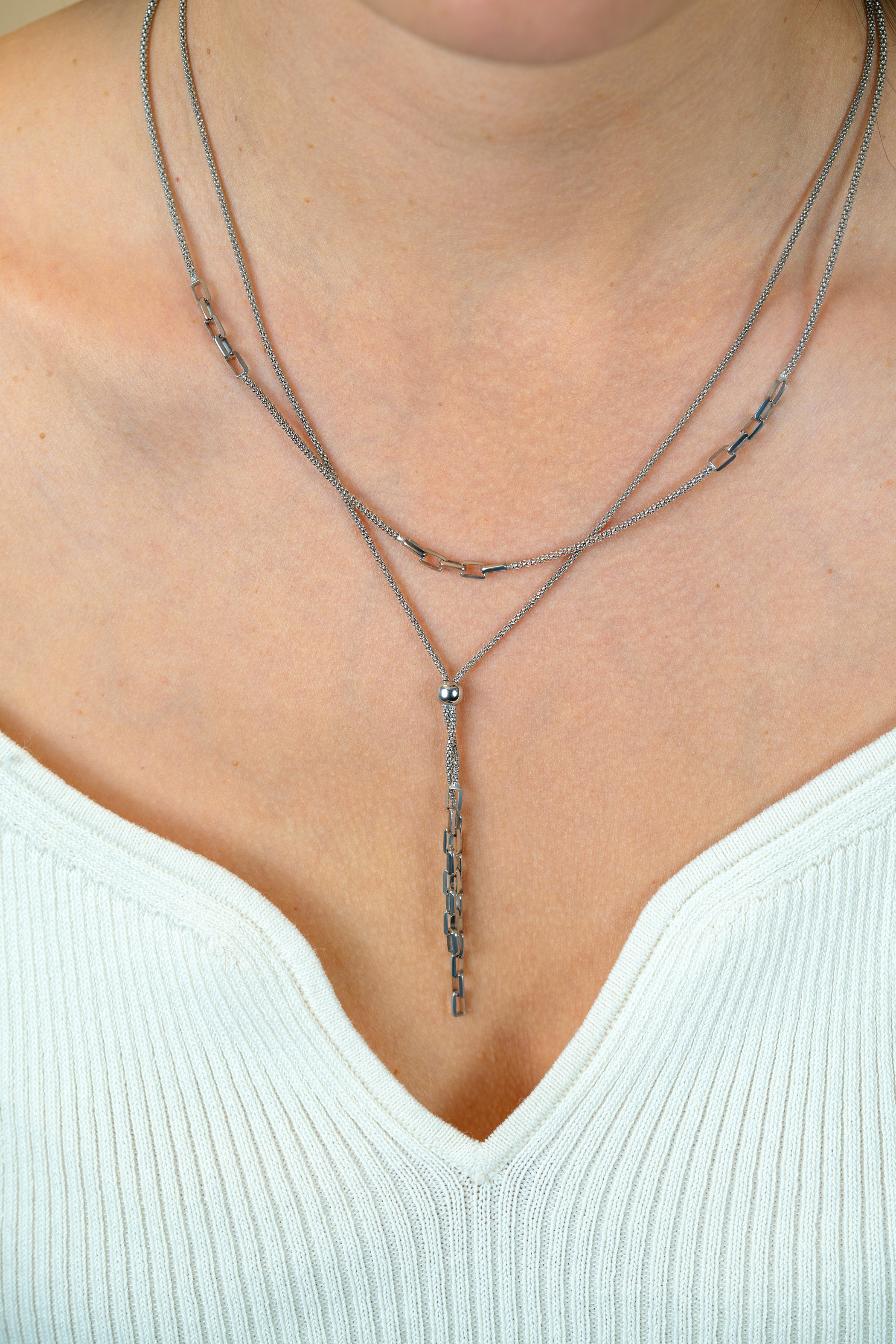 ZINZI zilveren Y-collier 43–46cm met popcorn schakel en twee bungelende kettinkjes ZIC2710