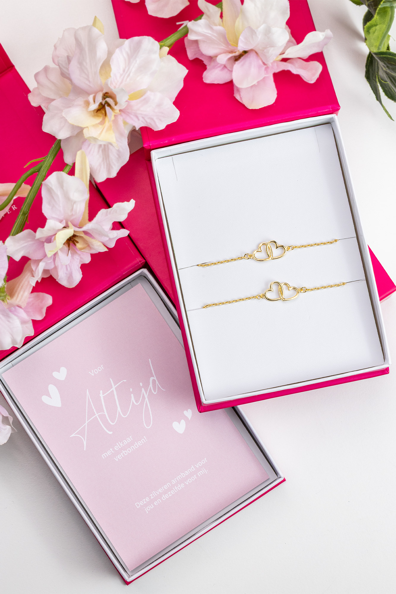 ZINZI set van 2 gold-plated zilveren armbanden met 2 verbonden hartjes 17,5-19,5cm ZIA2513G-SET