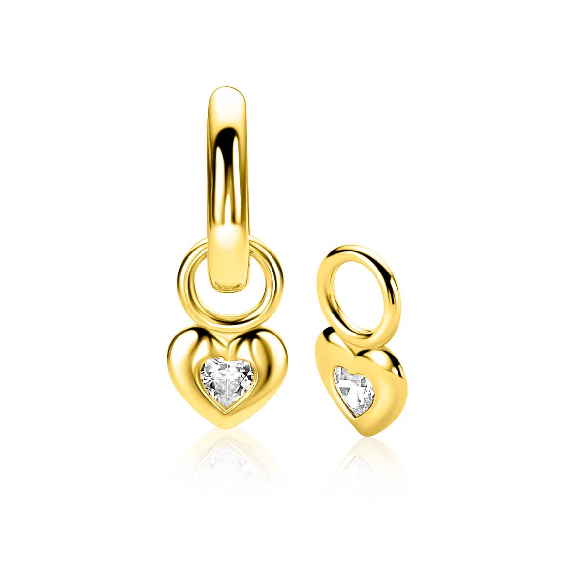 7mm ZINZI gold plated zilveren oorbedels met een glad hartje, bezet met een hartvormige witte zirkonia ZICH2886Y (zonder oorringen)