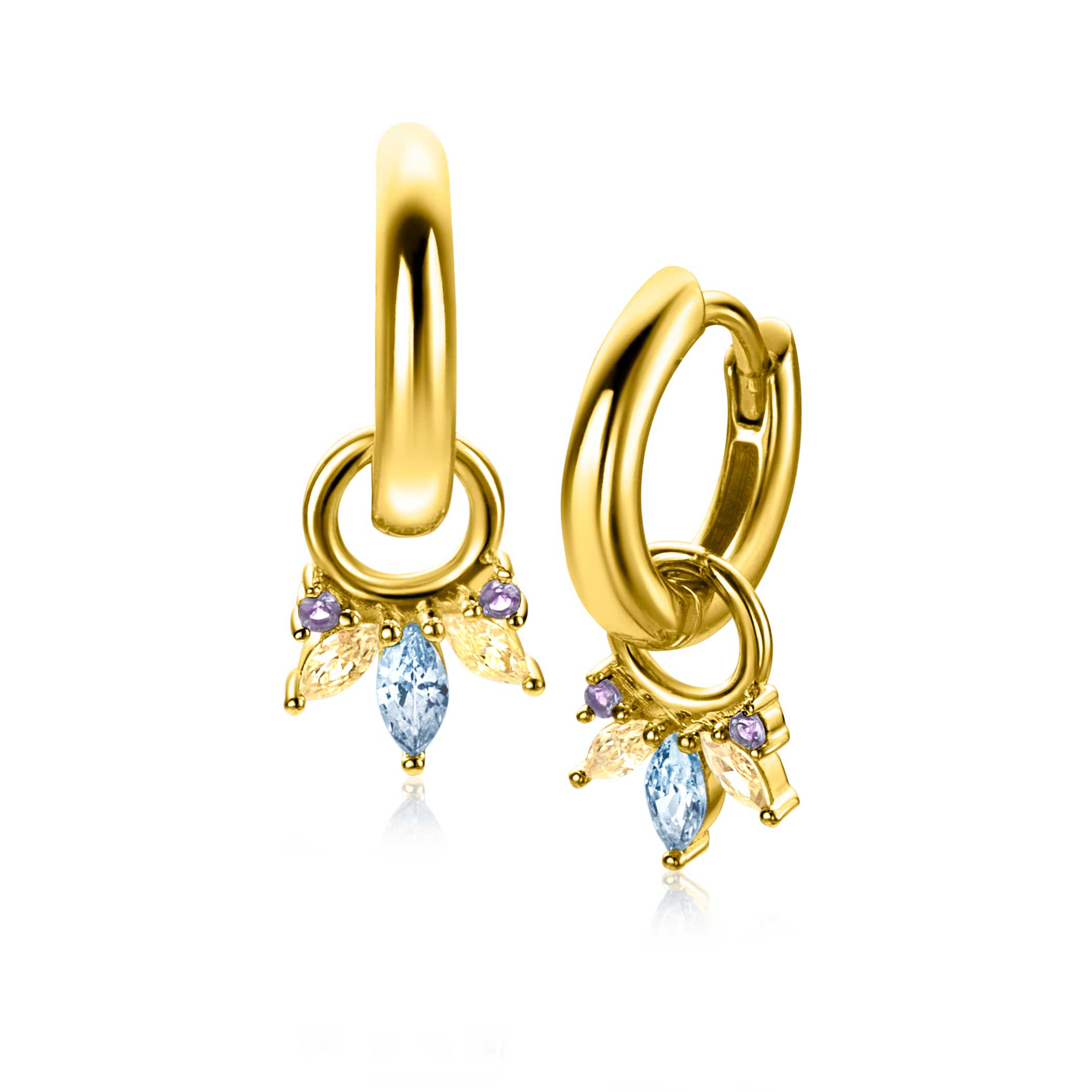 10mm ZINZI gold plated zilveren oorbedels met vijf speelse zettingen in aflopende grootte, bezet met paarse, champagne en blauwe kleurstenen ZICH2633BC (zonder oorringen)