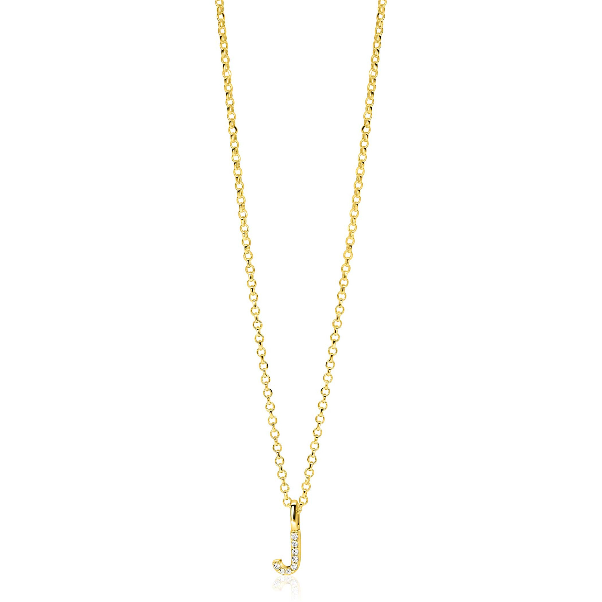 ZINZI gold plated zilveren letter hanger J bezet met witte zirkonia's ZIH2828-J (zonder ketting)