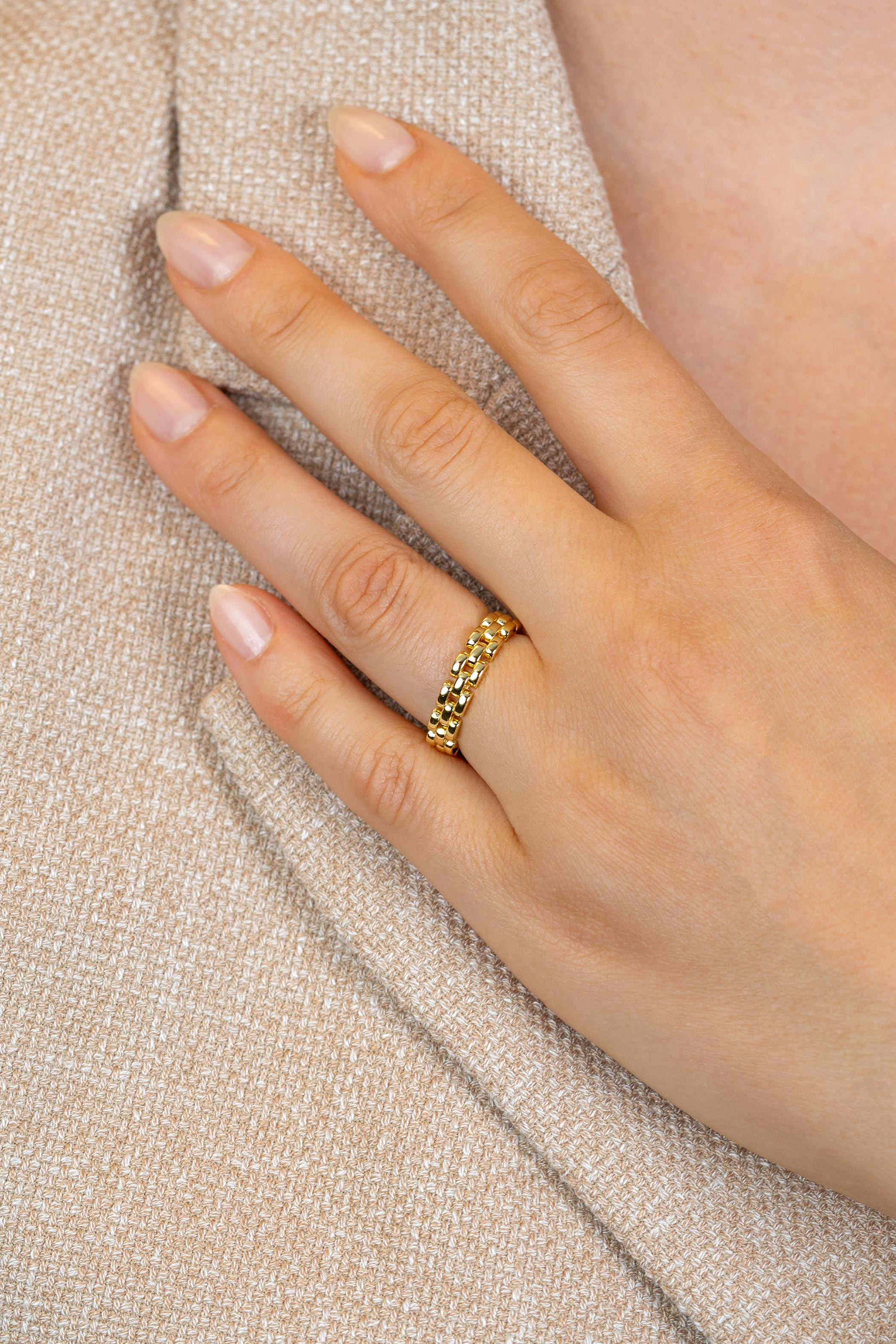 ZINZI goldplated zilveren ring met glanzende rolex-style schakels 4mm breed ZIR2556GC