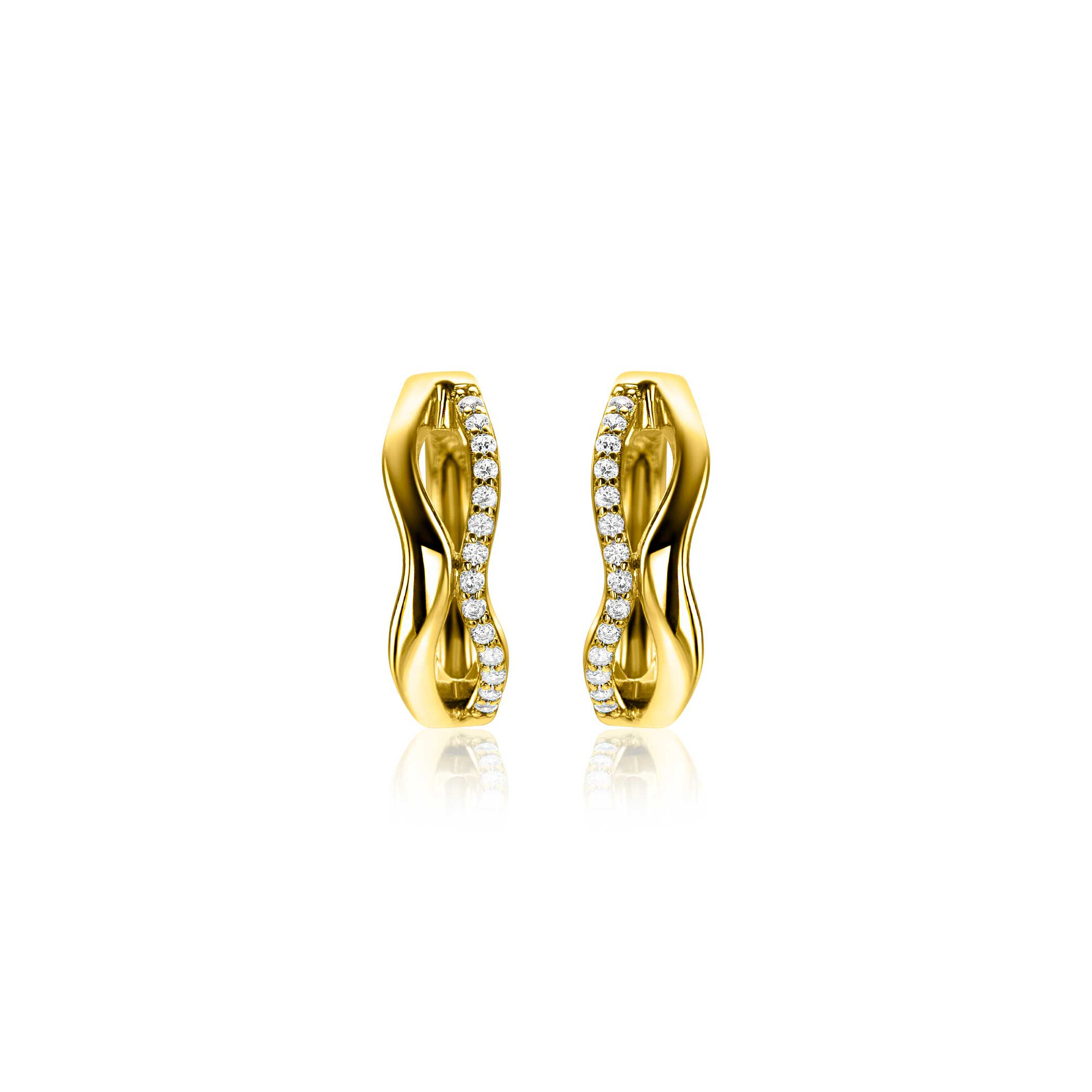 15mm ZINZI gold plated zilveren oorringen organisch gevormd met twee golvende banen, waarvan één bezet met witte zirconia's, met luxe klapsluiting ZIO2629Y