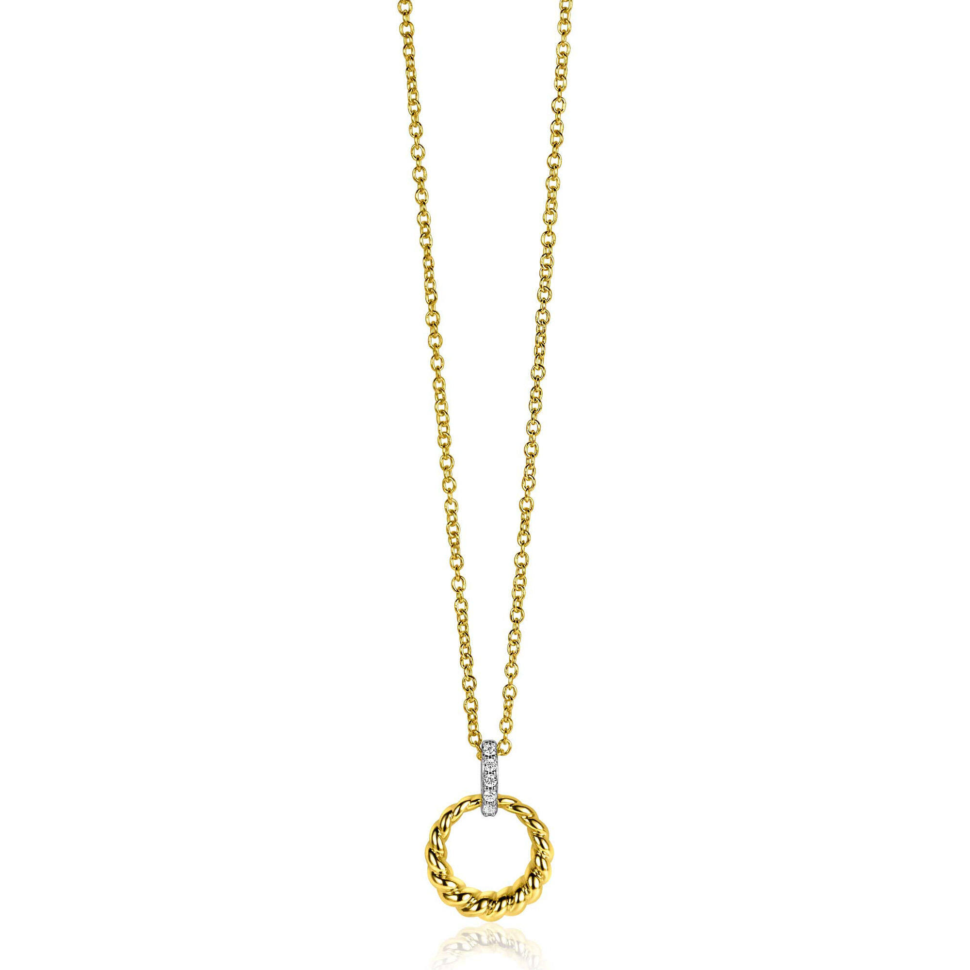ZINZI zilveren bicolor ronde hanger 15mm gedraaid motief, hangoog bezet met witte zirconia's ZIH2403Y (zonder collier)