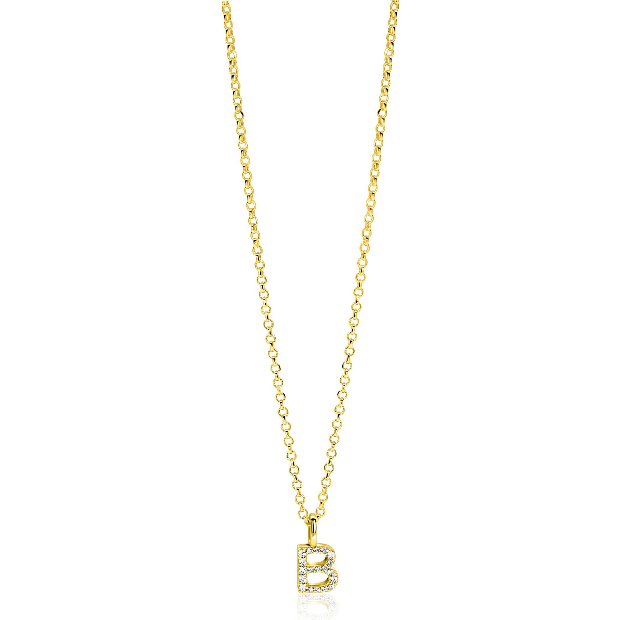 ZINZI gold plated zilveren letter hanger B bezet met witte zirkonia's ZIH2828-B (zonder ketting)
