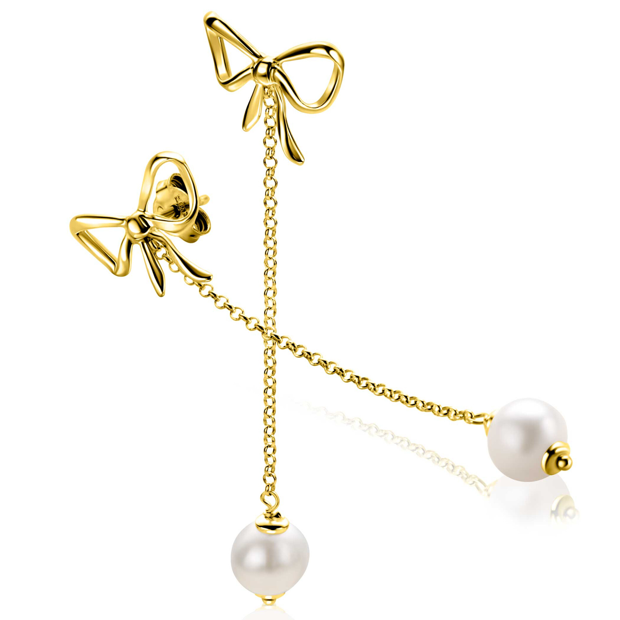 60mm ZINZI gold plated zilveren strik oorstekers met jasseron kettinkje en zoetwaterparel ZIO2677