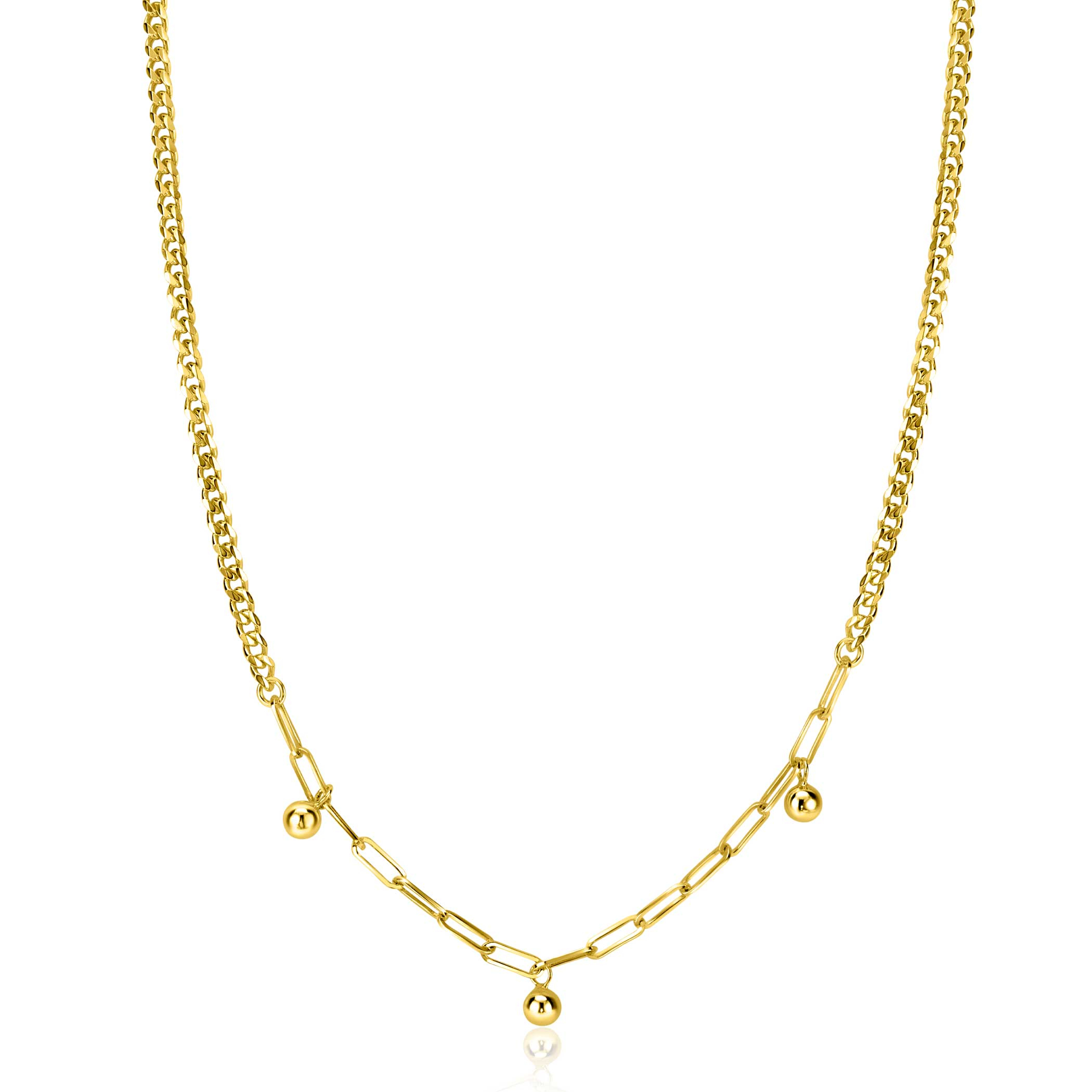 ZINZI gold plated zilveren schakelketting met gourmet en paperclip schakels en bolletjes 40-45cm ZIC2521G