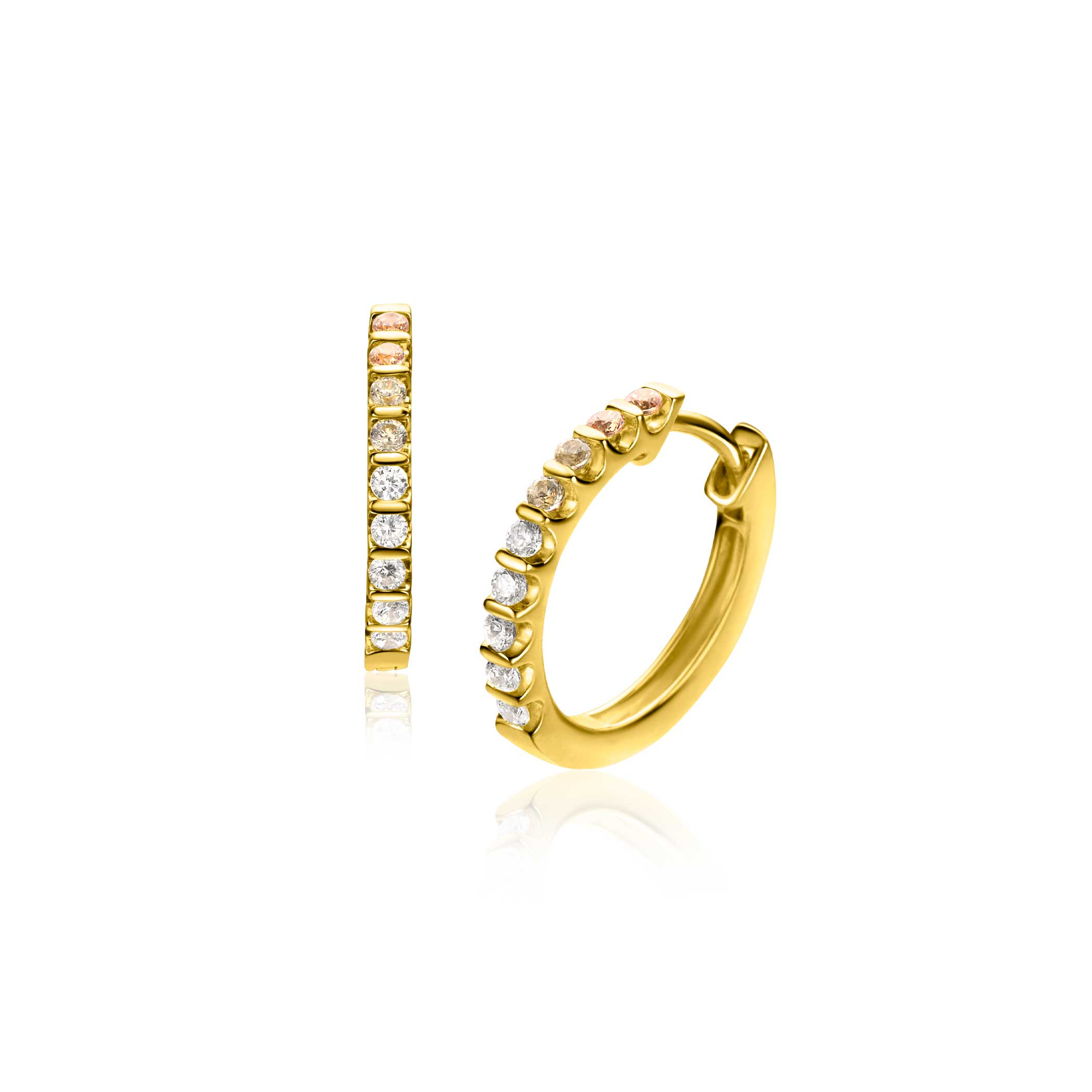 15mm ZINZI gold plated zilveren oorringen bezet met champagne, peridot en witte zirconia's met luxe klapsluiting ZIO2612