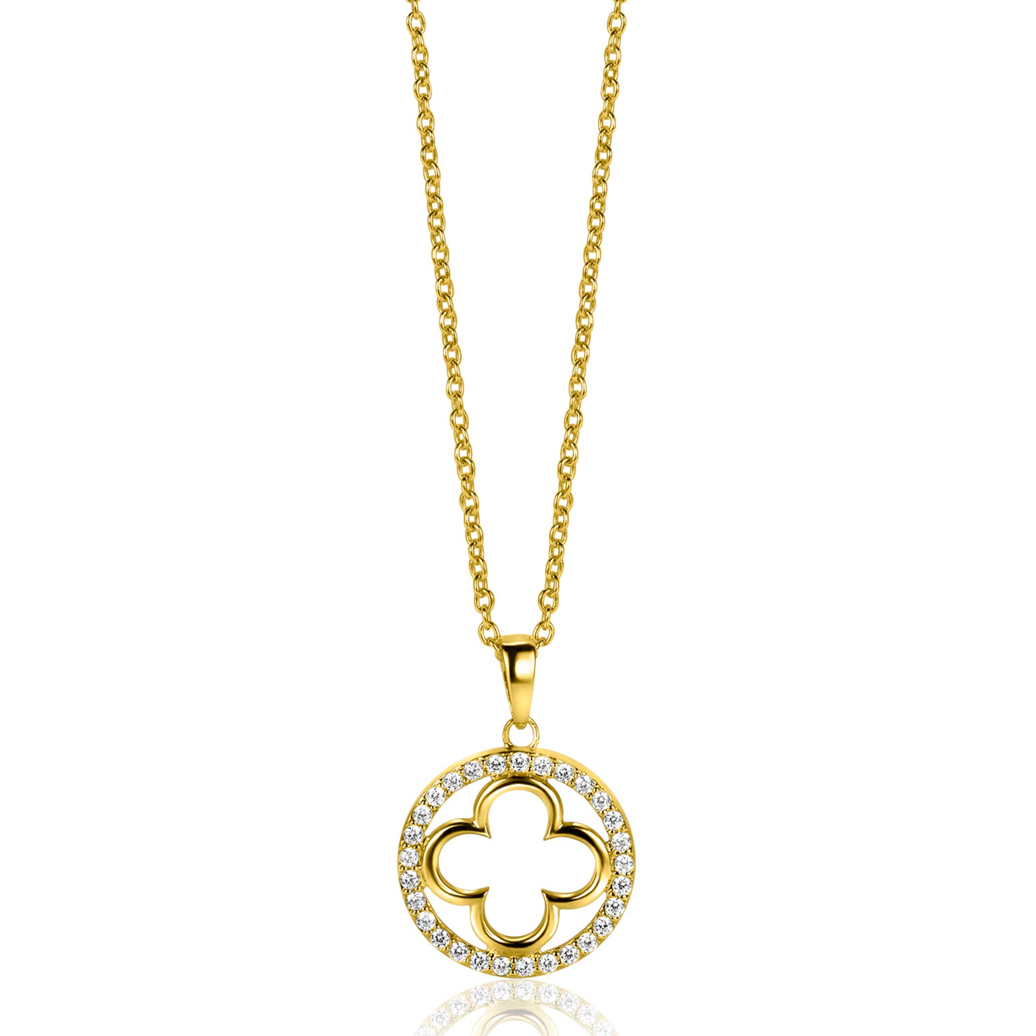 ZINZI gold plated zilveren anker ketting met luxe klaver hanger (15mm) rondom bezet met witte zirconia's 45-48cm ZIC2617Y