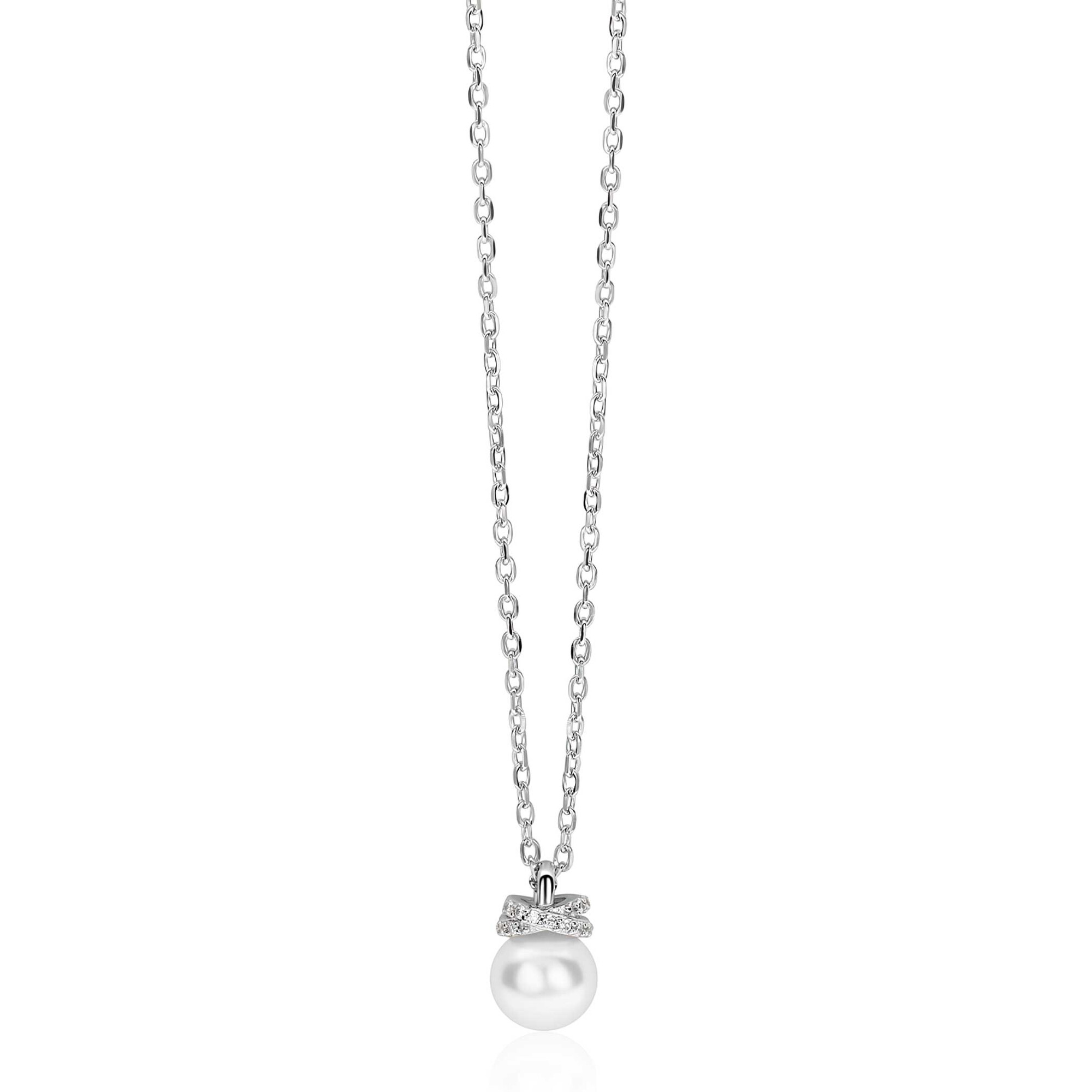 ZINZI zilveren ketting met een witte parelhanger (12mm) en een strikvormige zetting bezet met witte zirkonia’s 42-45cm ZIC2863