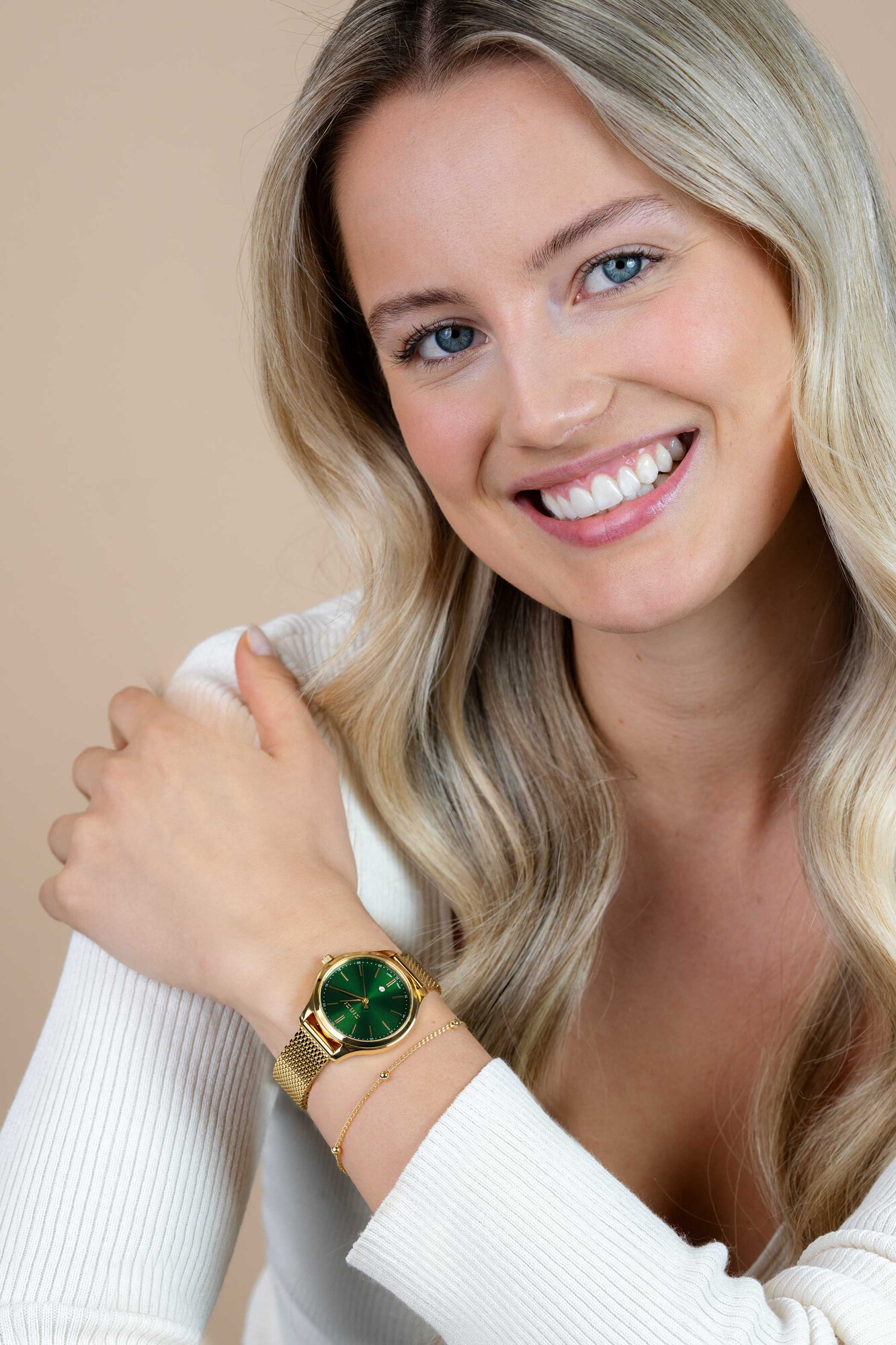 ZINZI Classy horloge 34mm groene wijzerplaat goudkleurige stalen kast en  meshband, datum ZIW1035M
