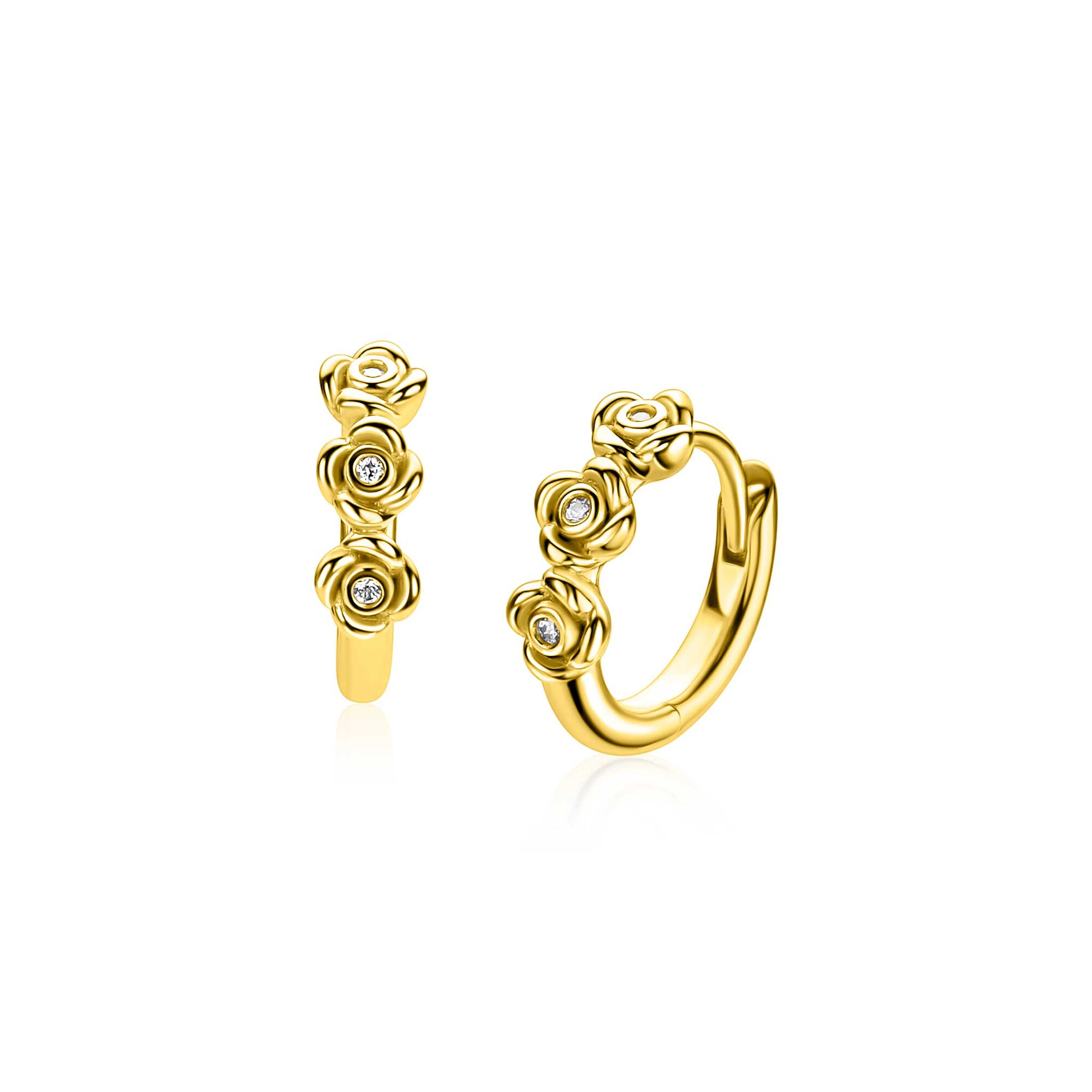 13mm ZINZI gold plated zilveren oorringen met drie roosjes, bezet met witte zirkonia’s, luxe klapsluiting ZIO2873Y