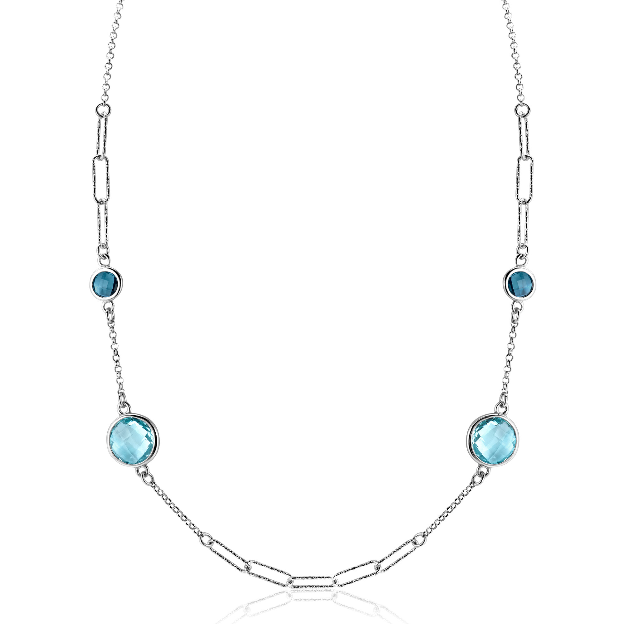 ZINZI zilveren fantasie ketting met paperclip schakels en vier ronde zettingen bezet met licht blauwe en indigo blauwe kleurstenen 40-45cm ZIC2418