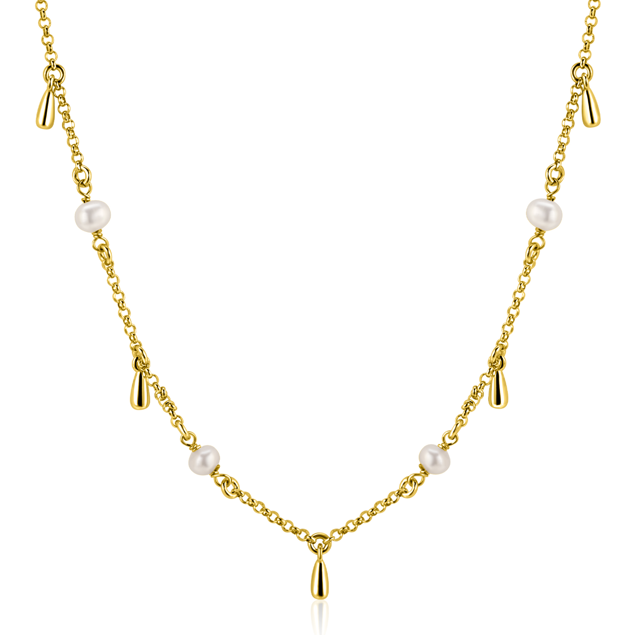 ZINZI gold plated zilveren ketting met witte zoetwaterparels en druppeltjes 42-45cm ZIC2753
