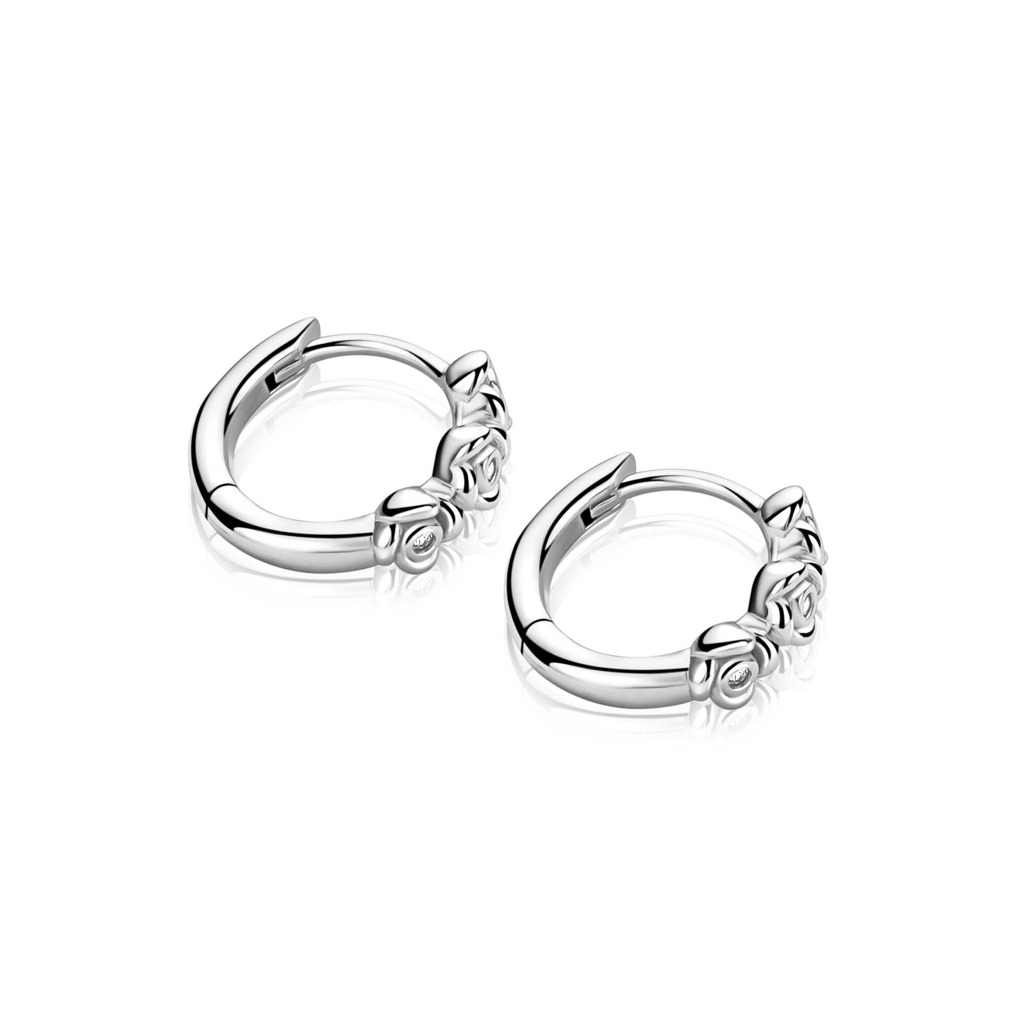 13mm ZINZI zilveren oorringen met drie roosjes, bezet met witte zirkonia’s, luxe klapsluiting ZIO2873