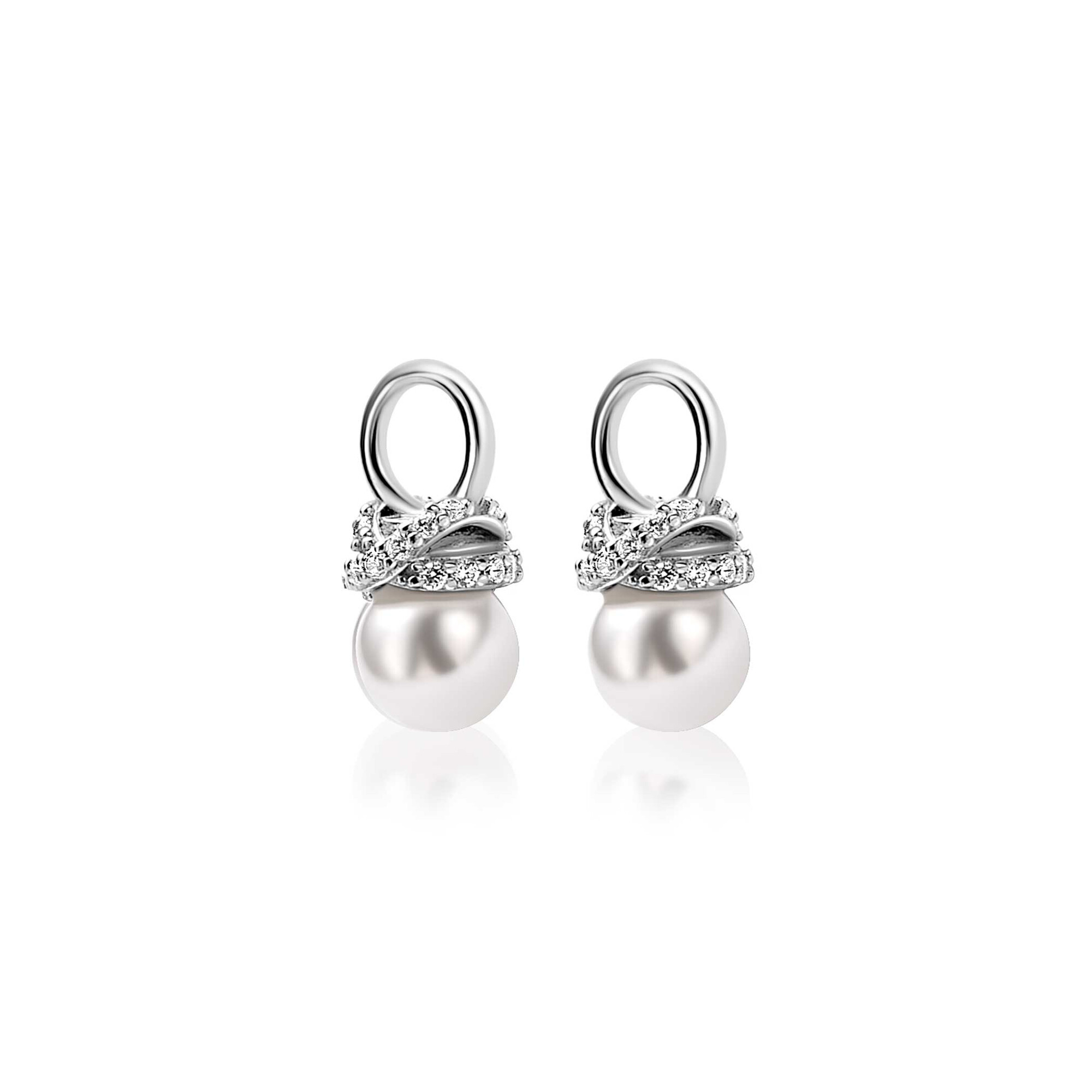8mm ZINZI zilveren oorbedels met een witte parel en een strikvormige zetting bezet met witte zirkonia’s ZICH2863 (zonder oorringen)