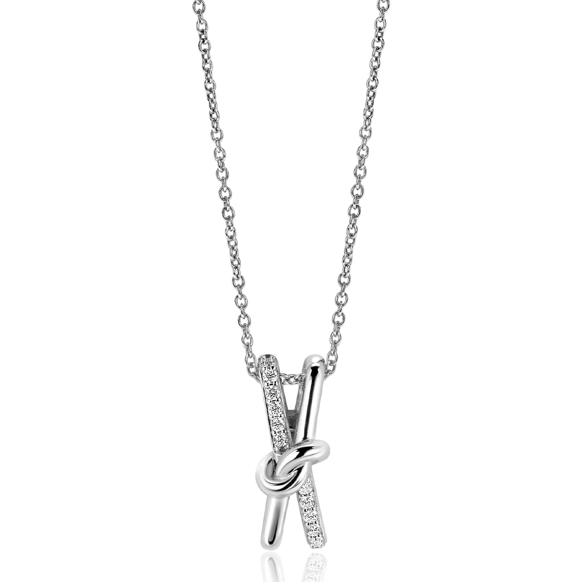 45cm ZINZI zilveren ketting met cross-over hanger 19mm met knoop, bezet met witte zirconia's ZIC2505