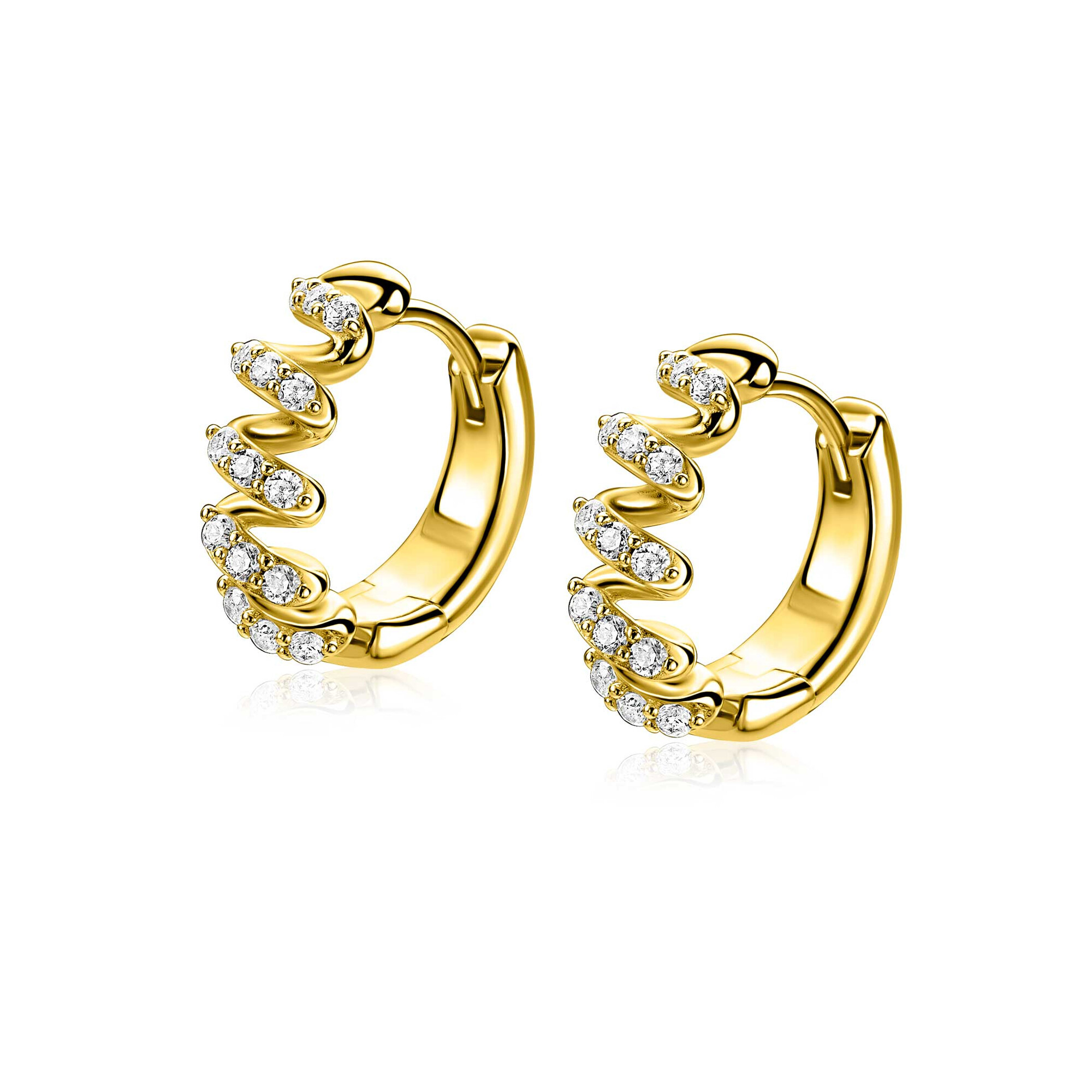 16mm ZINZI gold plated zilveren oorringen met een sierlijk open golvend design, bezet met witte zirkonia’s, luxe klapsluiting ZIO2877Y
