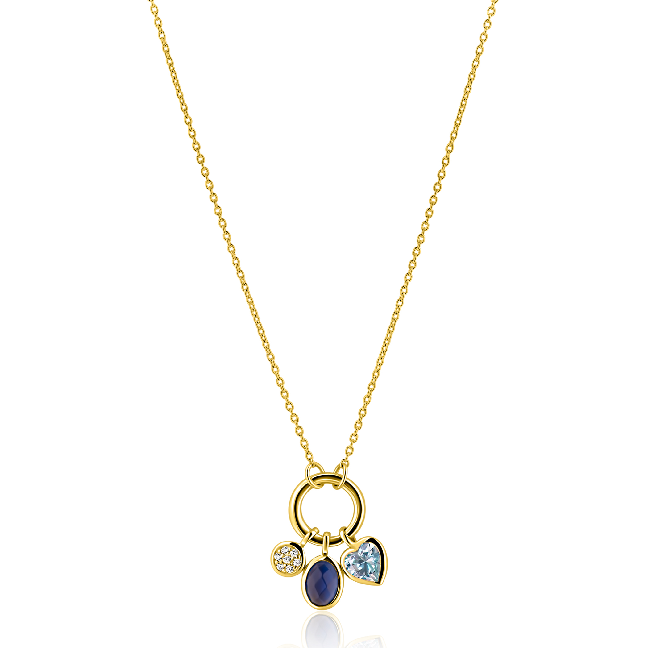 ZINZI gold plated zilveren ketting met ronde sluitring en drie luxe bedels 42-45cm ZIC2737