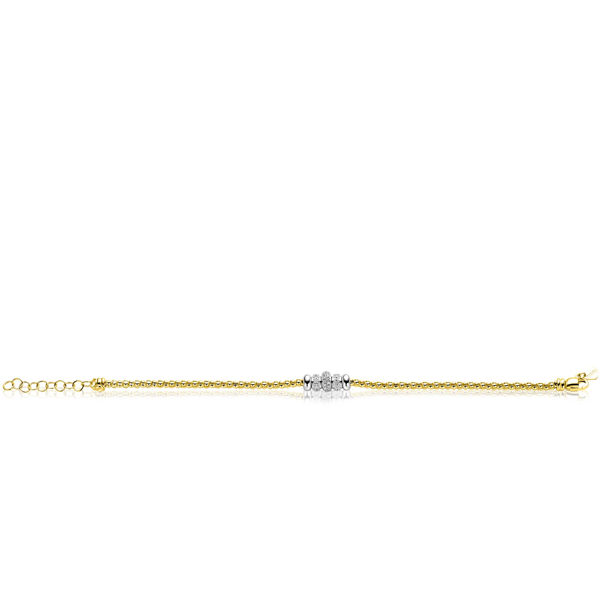 ZINZI goldplated zilveren popcorn schakelarmband met vijf sierlijke, beweegbare beads in zilver en wit zirkonia ZIA2779Y
