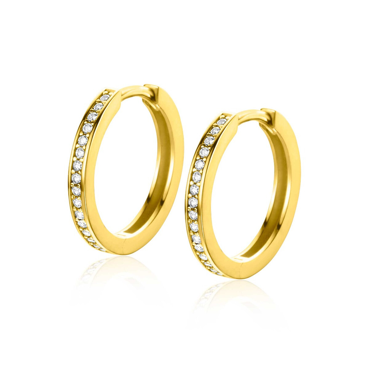 17mm ZINZI Gold 14 krt gouden oorringen, bezet met witte zirconia's met luxe klapsluiting 17mm x 2mm vierkante buis ZGO572Z
