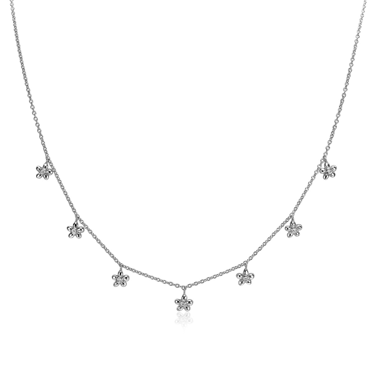 ZINZI zilveren ketting met zeven bloem-hangertjes, bezet met witte zirconia's  45cm ZIC1876
