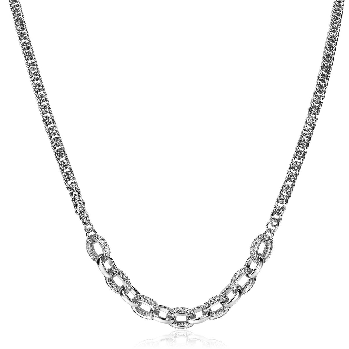 ZINZI zilveren gourmet collier met grove ovale schakels, bezet met witte zirconia's 45cm ZIC2203
