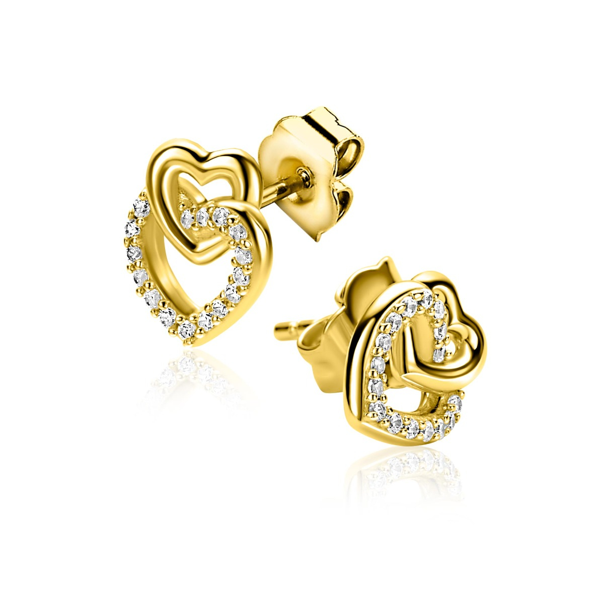 10mm ZINZI gold plated zilveren oorknoppen 2 open hartjes met elkaar verbonden, waarvan 1 hartje bezet met witte zirconia's ZIO2493Y