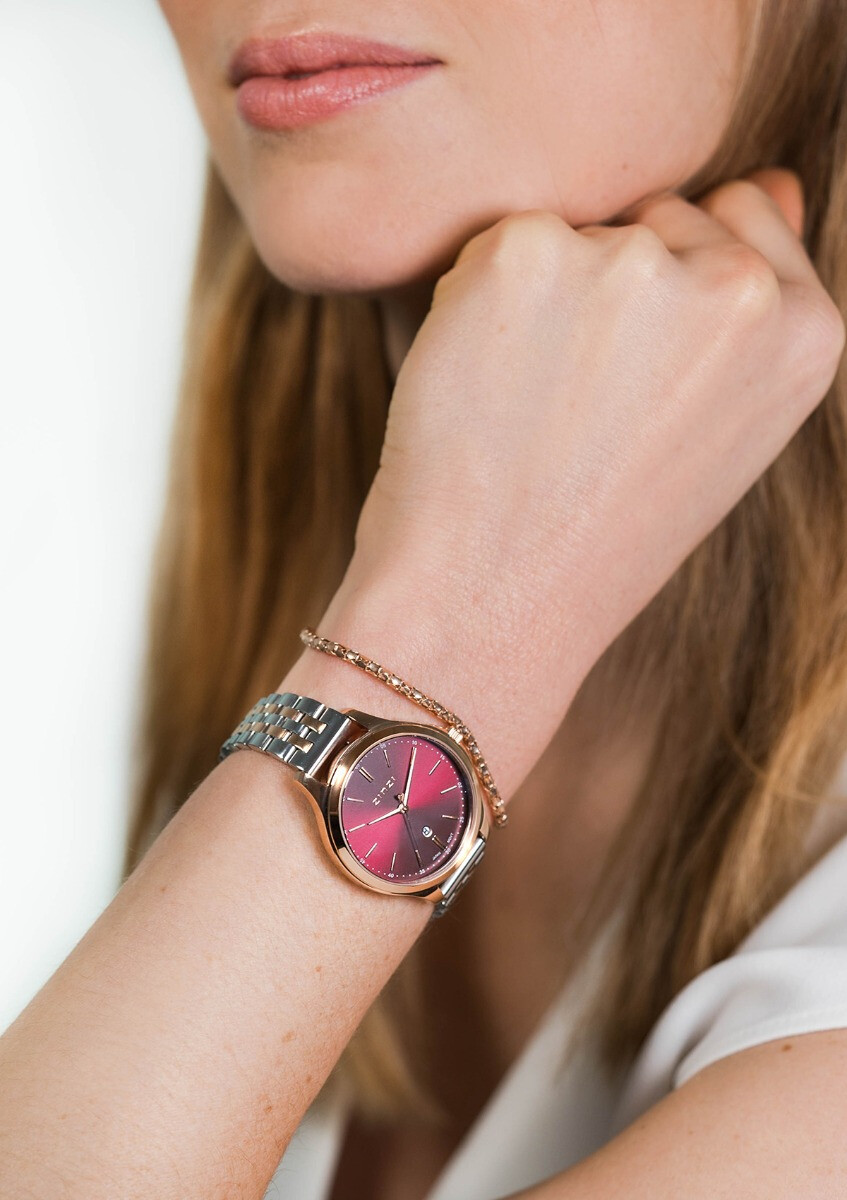 ZINZI Classy horloge 34mm donkerrode wijzerplaat roségoudkleurige stalen kast en bicolor band, datum ziw1038
