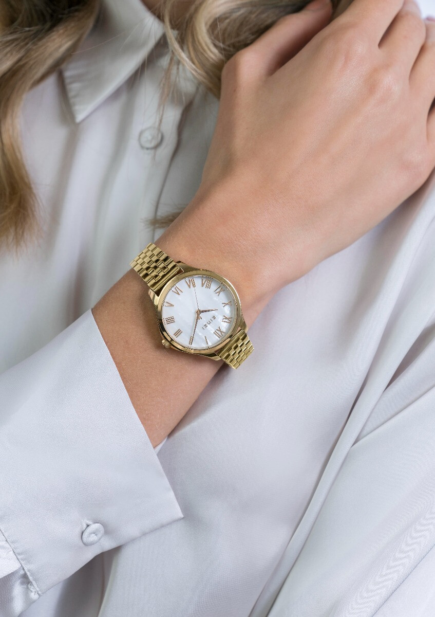 ZINZI horloge JULIA 34mm wit parelmoer wijzerplaat romeinse cijfers goudkleurige stalen kast en band ziw1134
