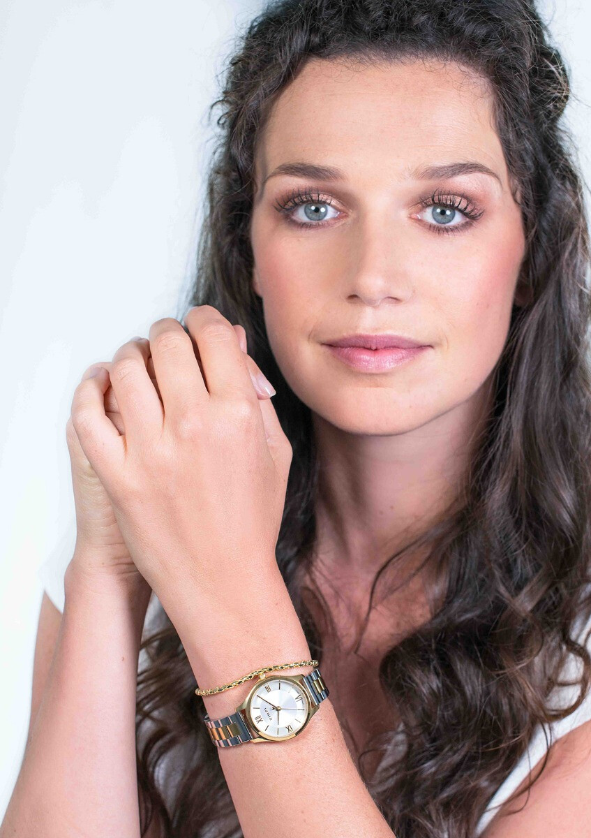 ZINZI Classy Mini horloge 30mm zilverkleurige wijzerplaat goudkleurige stalen kast en bicolor band ziw1233
