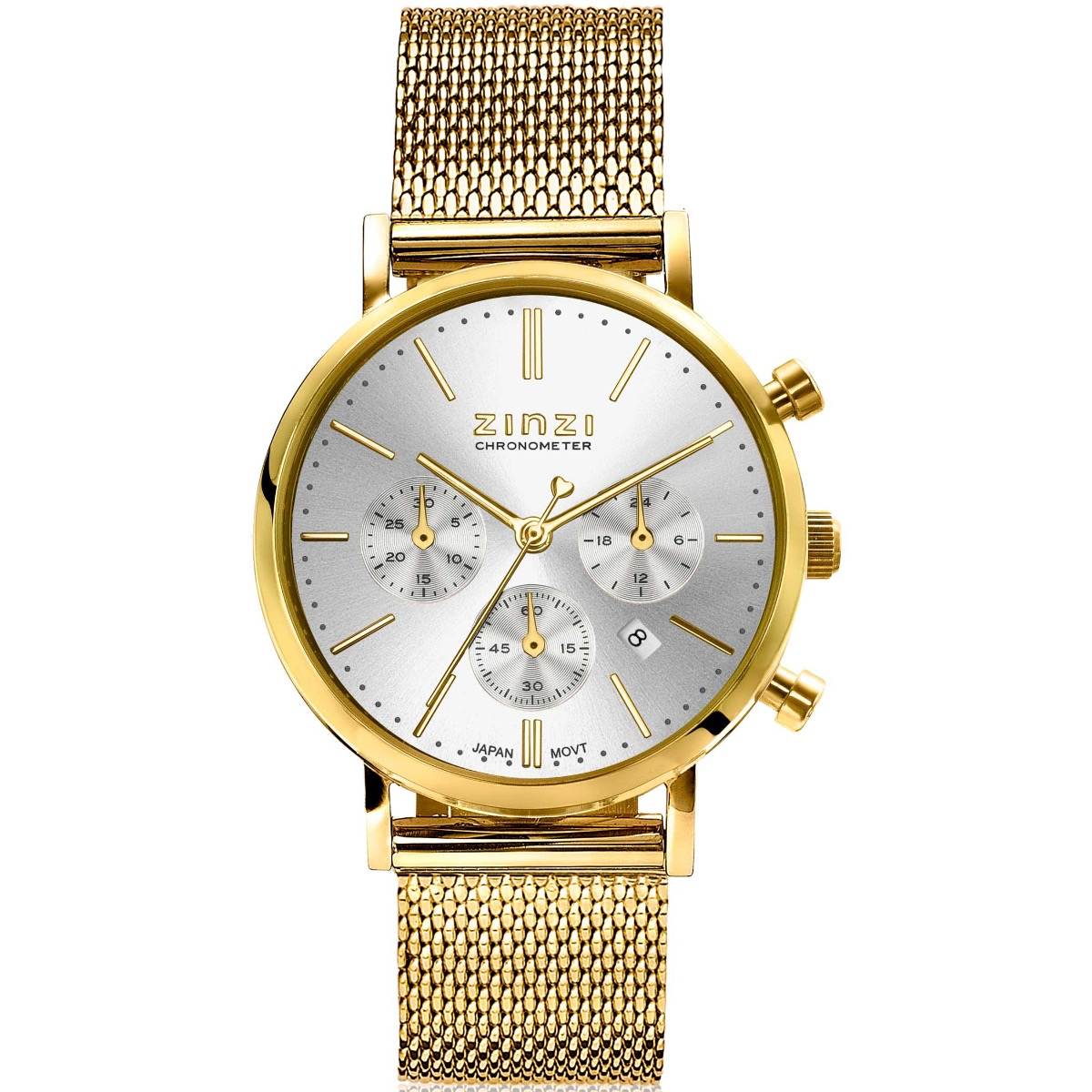 ZINZI horloge CHRONOGRAPH 34mm zilverkleurige wijzerplaat met datum en chronometers, geelgoudkleurige stalen kast, geelgoudkleurige stalen mesh band 18mm ZIW1533
