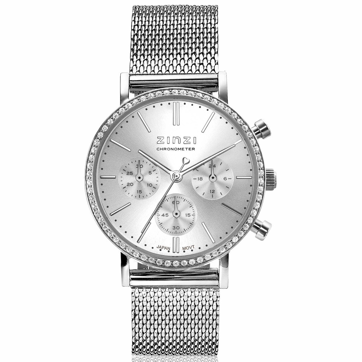 ZINZI horloge CHRONOGRAPH 36mm stopwatch zilverkleurige wijzerplaat, stalen kast met crystals, stalen mesh band 18mm ZIW1602
