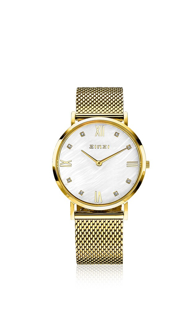 ZINZI Roman horloge witte parelmoer wijzerplaat stalen kast geelgoudkleurig stalen mesh band geelgoudkleurig 34mm extra dun ZIW548M
