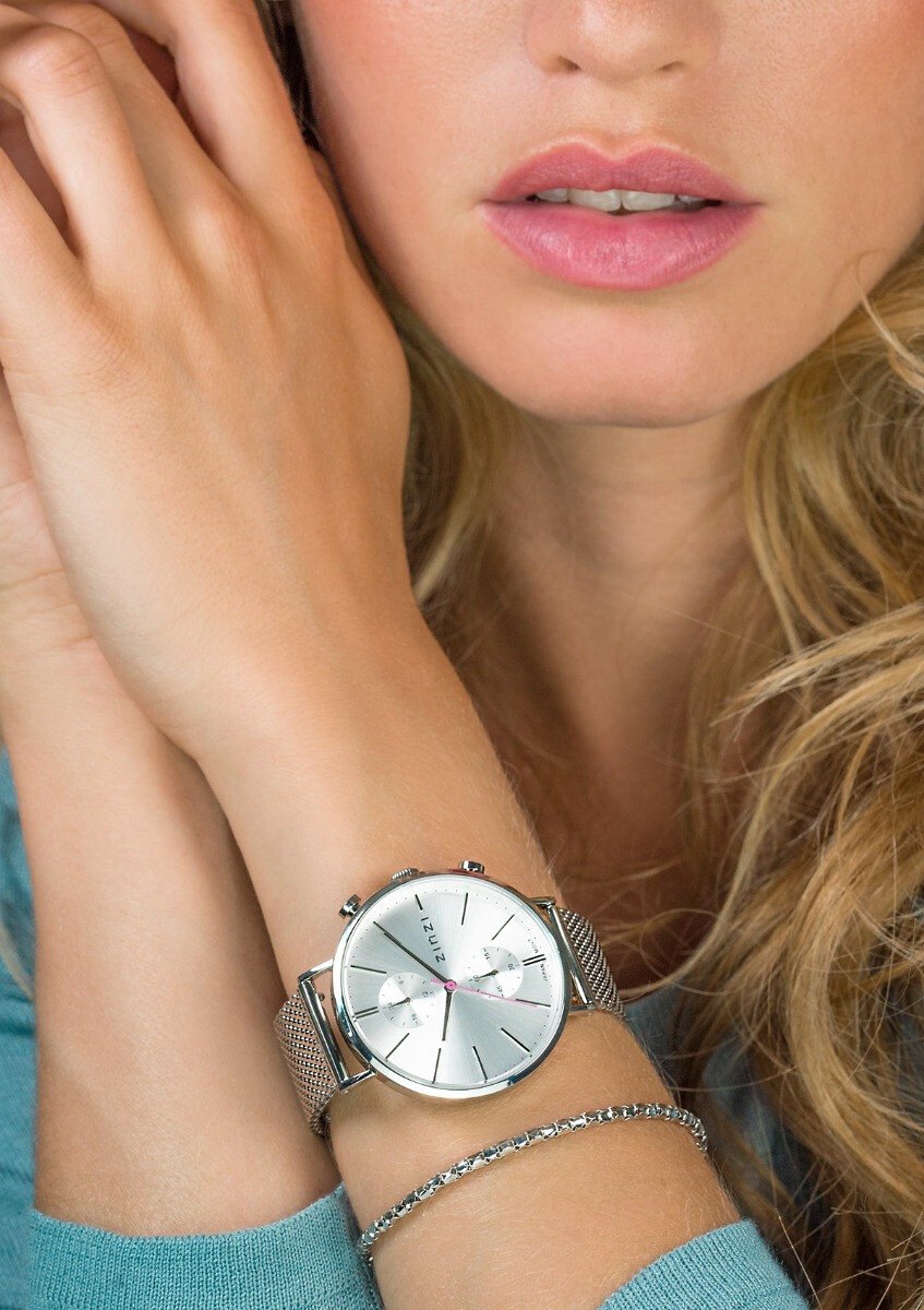 ZINZI Traveller horloge zilvergekleurde wijzerplaat en kast stalen mesh band 39mm dual time ZIW702M