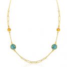 ZINZI gold plated zilveren fantasie ketting met paperclip schakels en vier ronde zettingen bezet met smaragd groene en citrien donkergele kleurstenen 40-45cm ZIC2418G