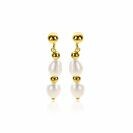 30mm ZINZI gold plated zilveren oorstekers met glanzende bolletjes en twee witte zoetwaterparels ZIO-BF121