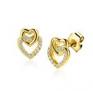 10mm ZINZI gold plated zilveren oorknoppen 2 open hartjes met elkaar verbonden, waarvan 1 hartje bezet met witte zirconia's ZIO2493Y