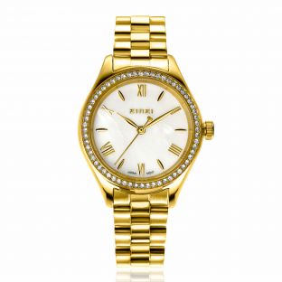 ZINZI Tresor horloge 32mm bezet met witte zirkonia's, parelmoer wijzerplaat en goudkleurige stalen kast en schakelband ZIW2434

