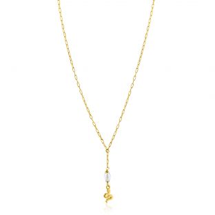 ZINZI gold plated zilveren paperclip Y-collier met witte zoetwaterparel en slang ZIC2761
