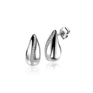 17mm ZINZI zilveren oorstekers in druppelvorm met golvende rij witte zirkonia's ZIO2707