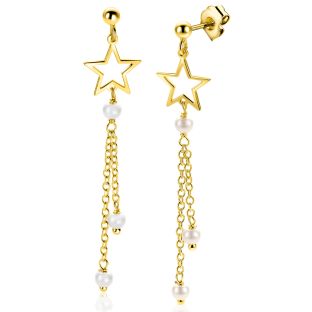 53mm ZINZI goldplated zilveren oorstekers met opengewerkte ster, hangende kettinkjes en witte parels ZIO2780