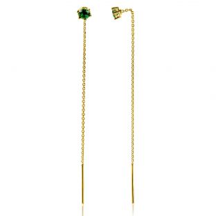 80mm ZINZI gold plated zilveren doortrek oorbellen met chatonzetting 5mm groene kleursteen en sierlijk kettinkje ZIO2576GG