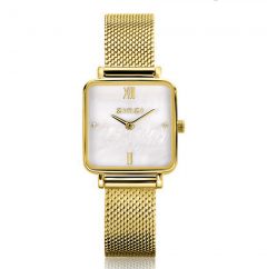 ZINZI Square Mini horloge witte parelmoer wijzerplaat en vierkante geelgoudkleurige kast stalen mesh band 22mm extra dun ZIW1734