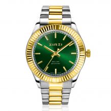 ZINZI Solaris horloge met groene wijzerplaat, stalen bicolor kast 35mm en stalen bicolor band met clip-sluiting. Het Japanse uurwerk loopt op zon- en kunstlicht ZIW2135
