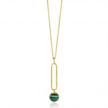 ZINZI gold plated zilveren ketting met lange ovale hanger en bungelende groene cateye in bolvorm 40-45cm ZIC2420