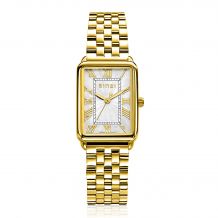 ZINZI Elegance bicolor horloge witte wijzerplaat en rechthoekige goudkleurige  kast en geel vergulde stalen schakelband 28mm extra dun ZIW1907GB