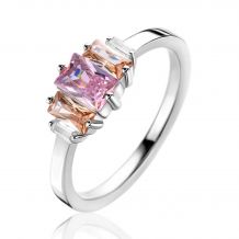 ZINZI zilveren ring, bezet met baguette geslepen zirconia's in de kleuren wit, champagne en roze ZIR2490