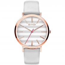 ZINZI Retro horloge grijs-wit gestreepte wijzerplaat roségoudkleurige kast leren mesh band lichtgrijs 38mm extra dun ZIW420LG